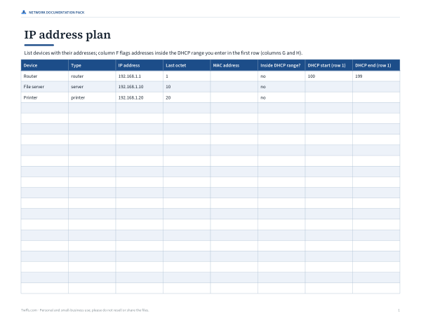 Preview of Printable IP Address Plan Sheet